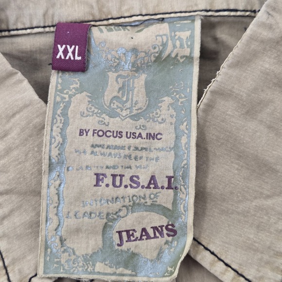 FUSAI Jeans Military Shirt Mens XXL Brown Short Sleeve Utility Pockets Epaulette - Picture 6 of 8